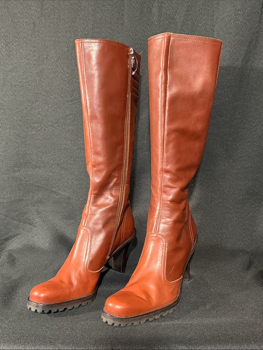 Arturo Chiang Tall Leather Heeled Boots in Rust Brown